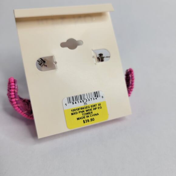 On 34th Silver-Tone Medium Color Seed Bead & Raffia C-Hoop Earrings, 1.25" Pink - Picture 6 of 6